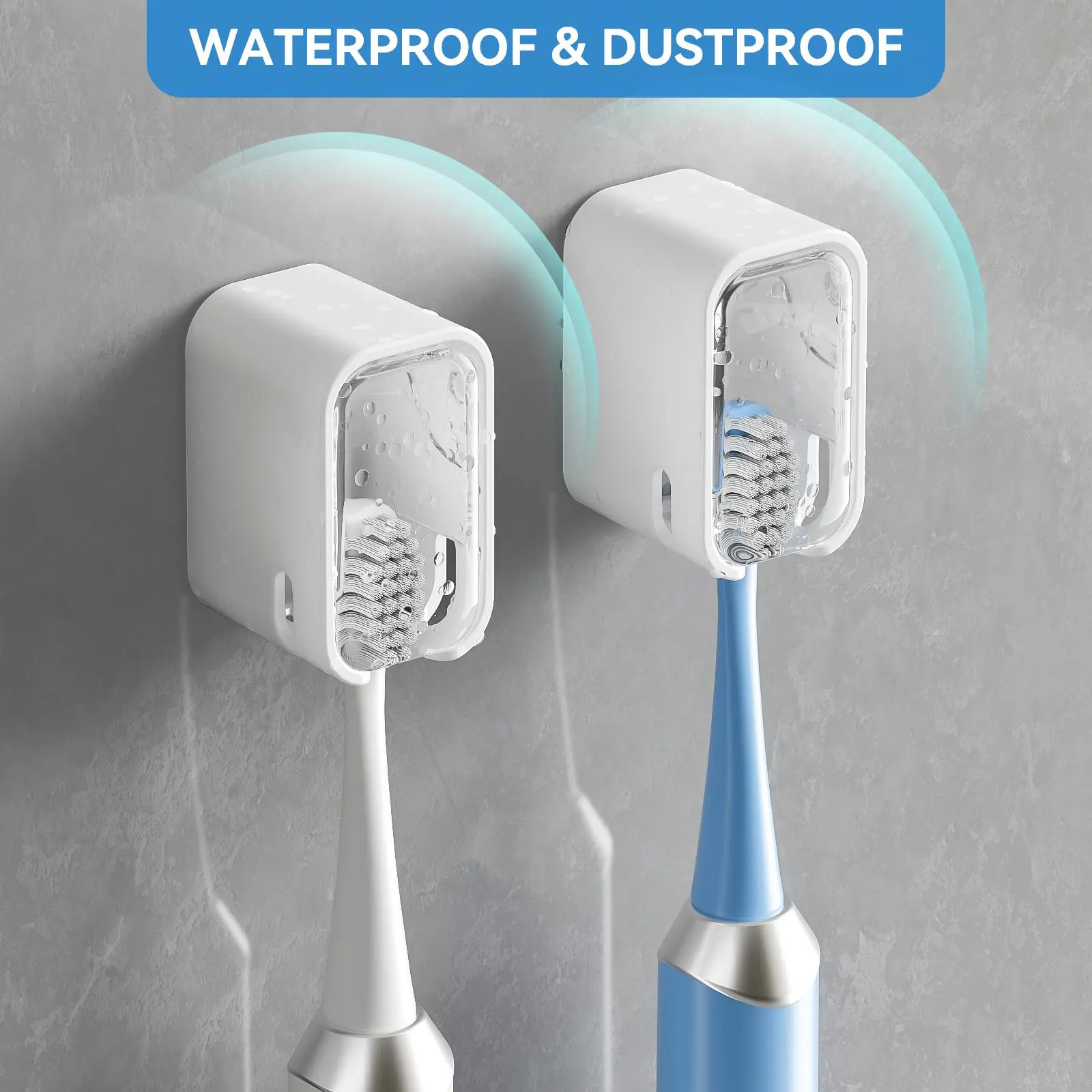GONGQIN Wall-Mount Toothbrush Holder, 80° 1-Hand Flip-Open Dustproof Cover, Waterproof Electric & Manual Toothbrush Organizer, Bottom Hollow Quick-Dry Ventilation, No-Drill Adhesive Compact Bathroom Storage Rack, Transparent 2-Pack, Acrylic