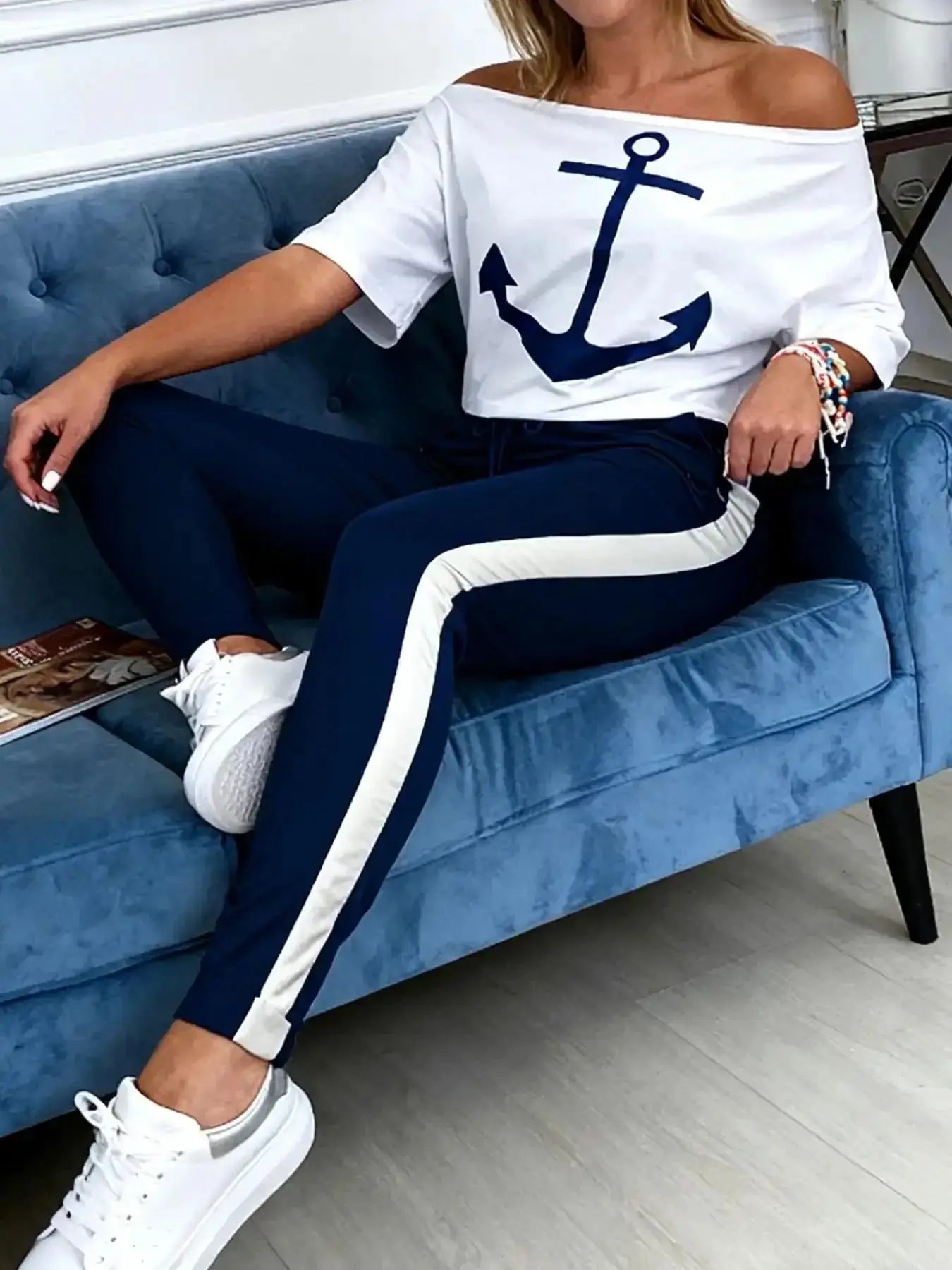 Women's Anchor Print Off-Shoulder Knit Top & Colorblock Pants Matching Set, Nautical-Inspired Coordinated Summer Outfit for Comfortable Daily Styling, coordinated look, effortless pairing, vacation chic