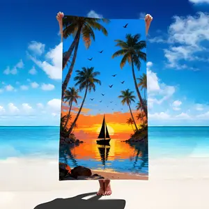 Tropical Sunset Beach Towel, featuring palm tree and sailing boat designs, large-sized, quick-drying and absorbent, suitable for pool, beach, travel, and summer vacation gifts