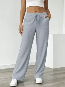 Women's Striped Wide Leg Pants, Casual Elastic Waist Home Wear, Fitted Long Regular Fit, Natural Waist, Stripe Pattern, Casual Fashion Pants