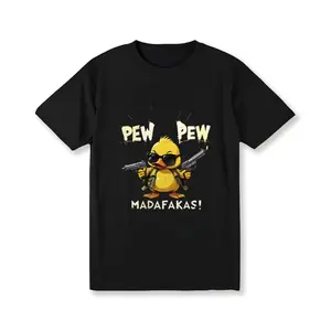 [Moisture Wicking Fabric] Men's "PEW PEW" Cool Duck Graphic T-Shirt - Casual Black Round Neck Short Sleeve Tee , Breathable & Moisture-Wicking Cotton, Perfect for Summer Outdoor Fun