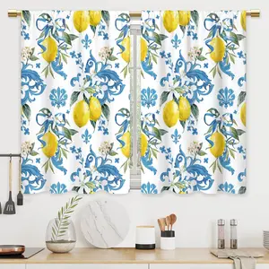 Blue Lemon Kitchen Curtains Summer Fruit Flower Bathroom Curtains Window Treatment Drapes Tier Floral Nature Leaves Cafe Small Bedroom Short French Door Curtains 2 Panels 27.5x39 Inch