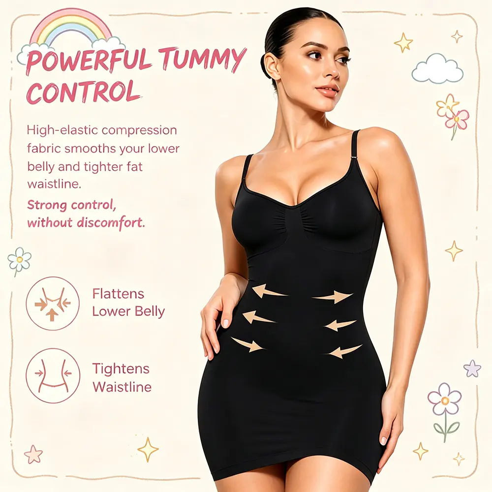 Women's V-Neck Shapewear Slip Dress, Seamless Tummy Control Base Layer with Adjustable Strap for a Snatched Look and to Tighten Shapewear Bodysuit, Lightweight, Solid, Waist Snatching, Stomach Wrap Shapewear Bodysuit