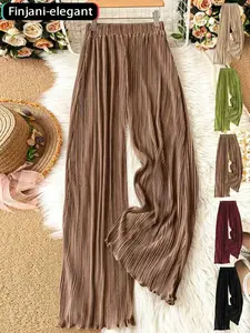 Women's Plain Pleated Loose Fit Wide Leg Pants, Elastic Waist Design, Casual All Season Wear, Versatile for Commuting & Home