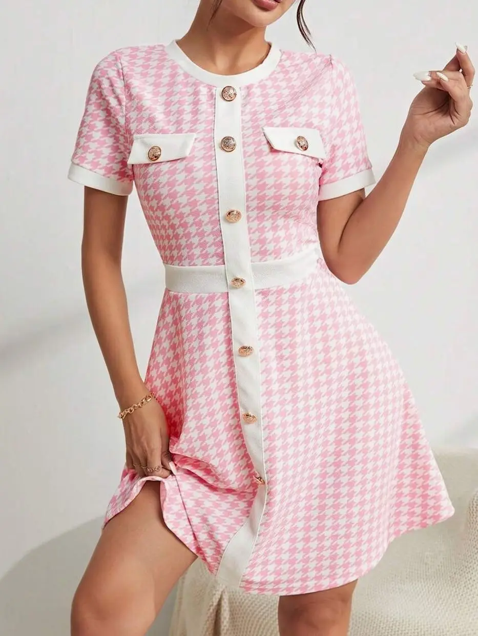 Women’s Houndstooth Print Button Front Dress - Elegant Short Sleeve A-Line Mini Dress - Vintage Casual Office Dress, vintage office dress women, elegant casual dress women
