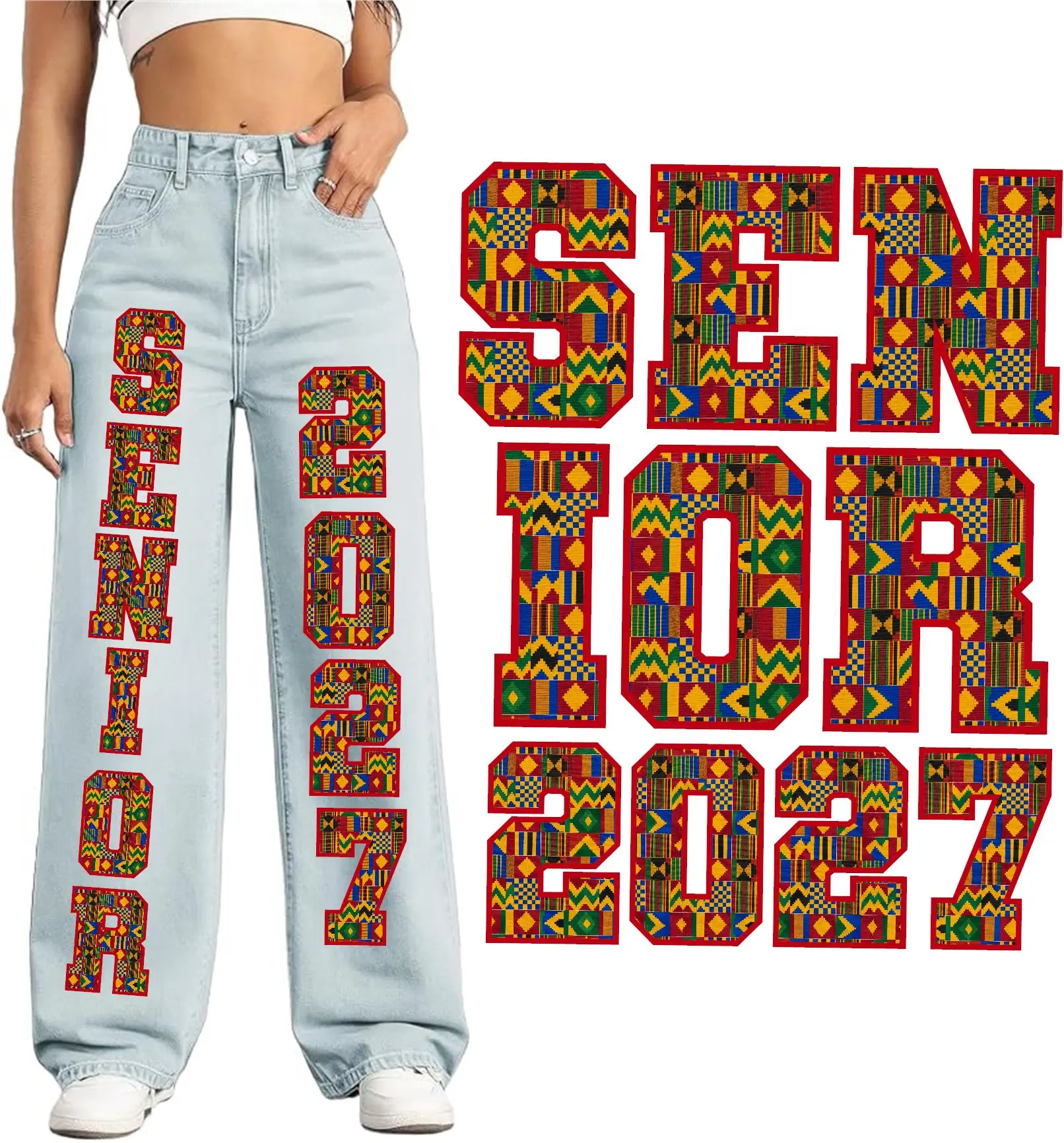 Senior Spirit Denim Iron-On Accessory, 2-Color Personalized Design for Homecoming DIY Printmaking Projects Kente
