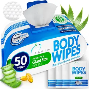 XL  Wipes for Adults Bathing - 50 Ct + 4 Travel Shower Wipes 10 x 11.5" Thick Cleansing No Rinse Bath Wash Sheets for , , Men & Women, Camping Essentials Disposable Washcloths