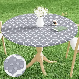 Round Picnic Tablecloth, Waterproof Elastic Fitted Table Covers for 36" - 44" Tables, Wipeable Flannel Backed Vinyl Tablecloths for Camping, Indoor, Outdoor, Grey & White