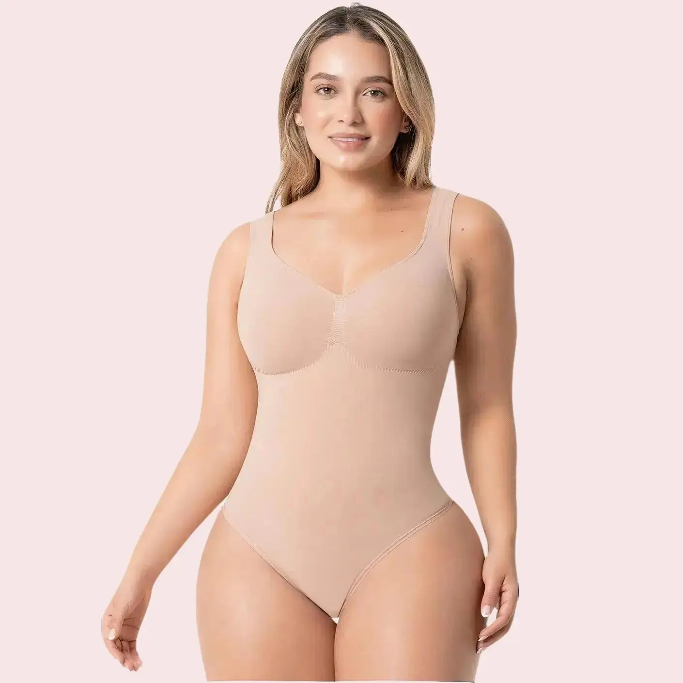 Sonryse Seamless Sculpting Bodysuit for Women – 4-Way Stretch Tummy Control Shapewear with Bust Support, Diamond Neckline & Invisible Thong Crotch Snap
