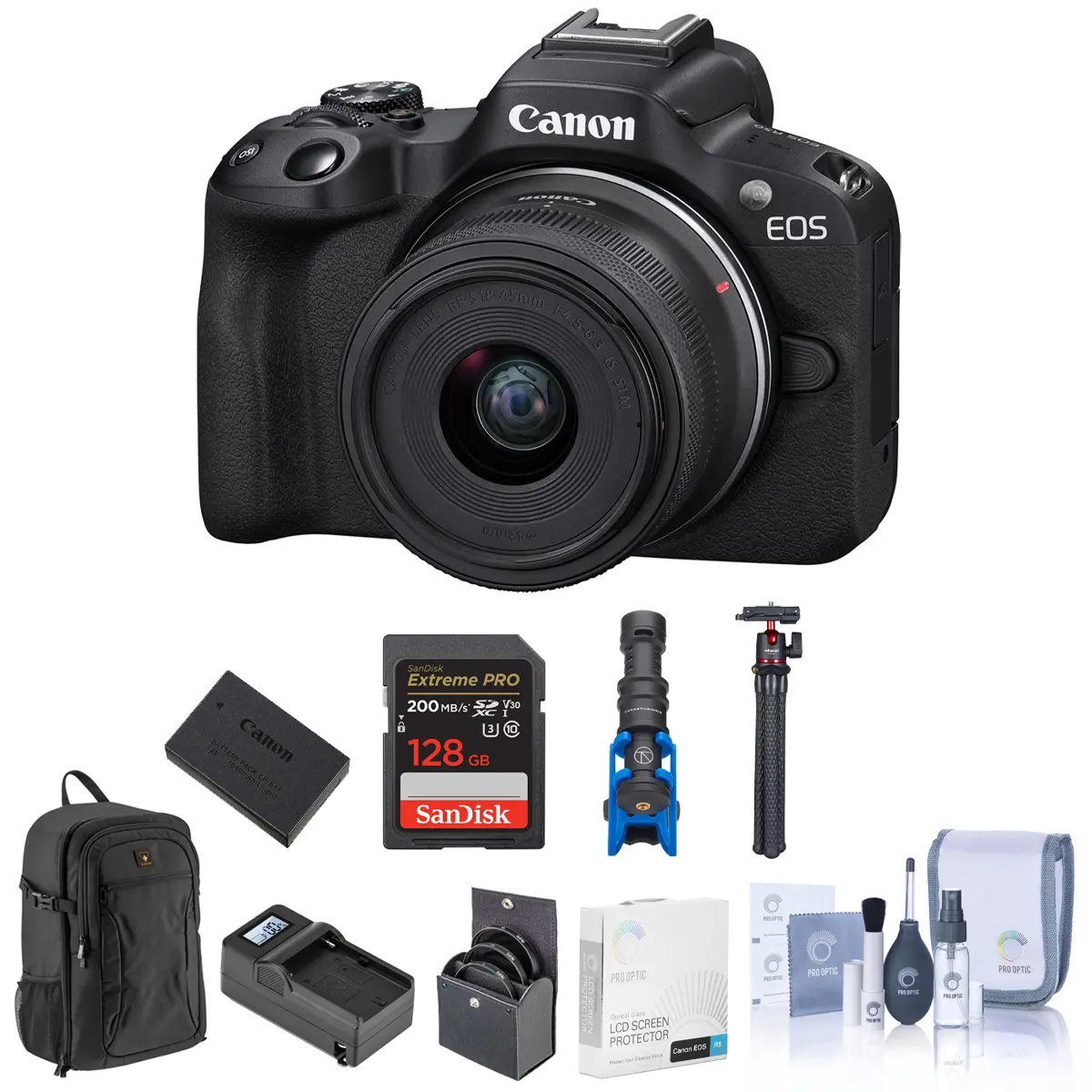 Canon EOS R50 Mirrorless Camera, Black with RF-S 18-45mm f/4.5-6.3 IS STM Lens, 128GB SD Card, Backpack, Extra Battery, Charger, Mic, Tripod, Screen Protector, 49mm Filter Kit, Cleaning Kit