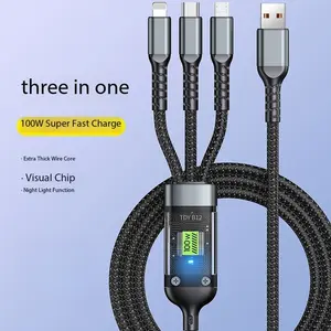 3-In-1  Indicator Transparent Fast ChargingCable with Digital Display 100W, Braided USB CCable Real Time Fast Charging for iPhoneSamsung OPPO, Portable Charger DataCable, Back to School