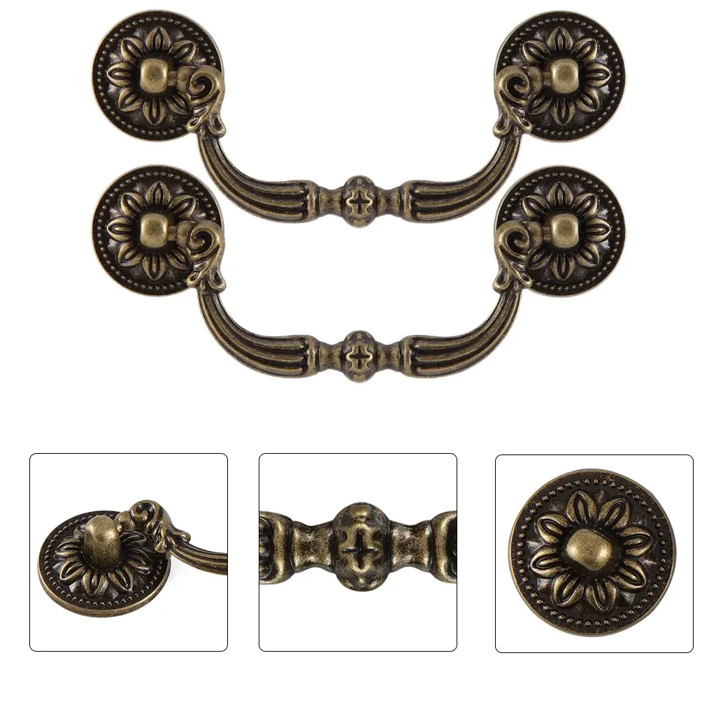 2 Pcs 96mm Brass Antique Style Drawer Pull Handles, Classic Decorative Pattern Cabinet/Dresser/Cupboard Hardware, Easy-to-Install Doorknobs with Included Screws