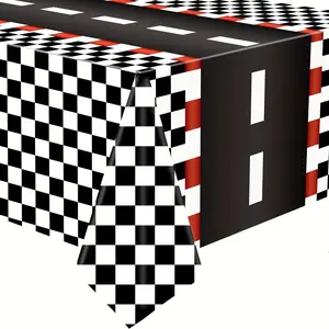 1PC Checkered Flag Tablecloth，Durable Plastic Checkered Flag Tablecloth - Black and Red Racing Theme Disposable Table Cover for Halloween, Christmas, Car Parties, Birthdays, and Home Decor