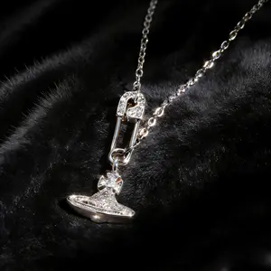 Elegant Saturn Necklace Clip & Non-Fading Paperclip Bracelet Set Full Diamond Snake Bone Chain with Cross Pendant Stylish Unique Jewelry Gift