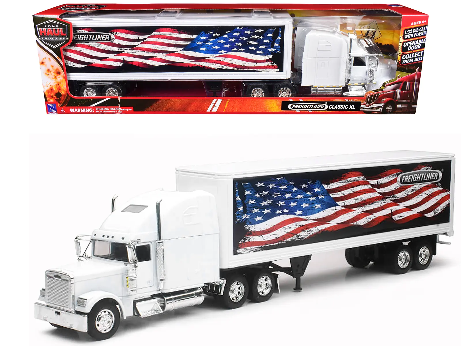 Freightliner Classic XL Truck White with Dry Van Trailer White with Patriotic Graphic 1/32 Diecast Model by New Ray
