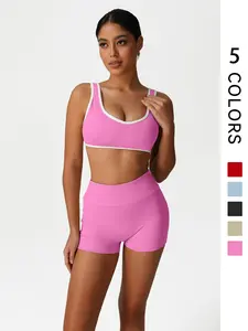 Two Piece Women's Yoga Sports Set, Contrast Color Comfortable Vest Style Sports Bra & Tummy Control Shaping Quick Dry Fitness Shorts, Ladies Workout Sportswear, Stylish Activewear, Yoga Gym Outfits, Yoga Outfit Clothes