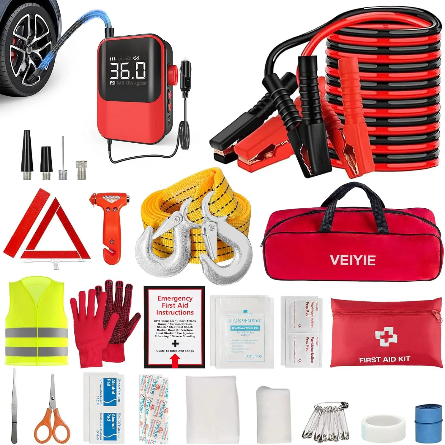 Roadside emergency car kit for vehicles, car  emergency kit with Portable Air Compressor, Heavy Duty Jumper Cables, Tow Strap, road trip Essentials car safety kit,