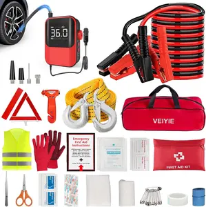 【mothersdaygift】Roadside emergency car kit for vehicles, car  emergency kit with Portable Air Compressor, Heavy Duty Jumper Cables, Tow Strap, road trip Essentials car safety kit,