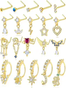 20Pcs 20G Dangle Nose Rings L Shaped Nose Stud Hoops Dangling Stainless Steel Nose Ring CZ Human Made Opal Butterfly Water Drop Flower Indian Nose Piercing Jewelry with Charm for Women  Gold Plated