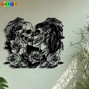 1pc Sugar Skull Couple Metal Wall Art, Romantic Skull Statue Mural, Craftsmanship, Artistic Metalwork, Perfect for Day of the Dead, Anniversary Decor, Living Room Bedroom Gothic Decor, Decoration, Ideal Gift for Gothic Art Enthusiasts, Decorative Artwork