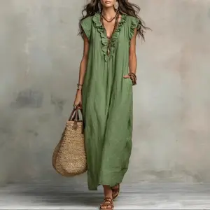 Women's Elegant Sleeveless Ruffle A-Line Shift Dress with Pockets - Feminine Style, Chic Casual Wear for Spring Occasions (Boasts Timeless Elegance)