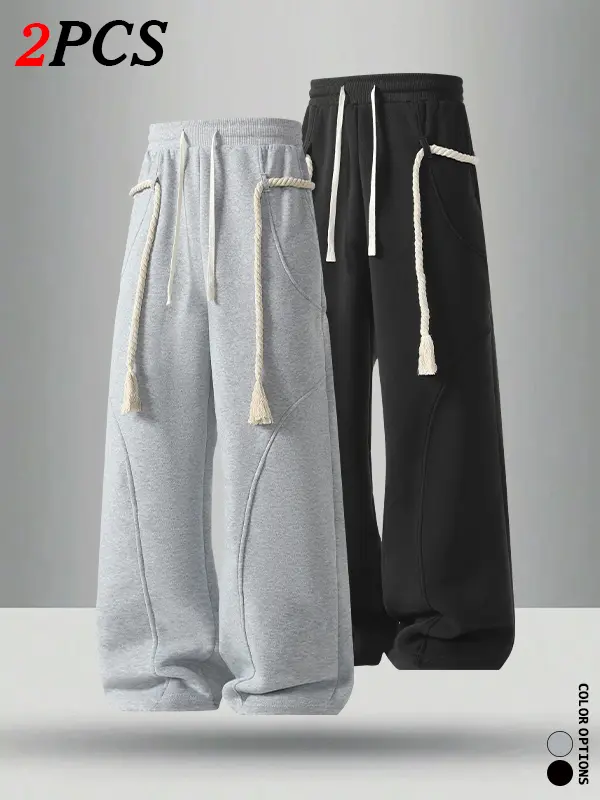 Men’s casual long pants featuring a unique braided thick rope design; loose, versatile, and stylish drawstring sweatpants.