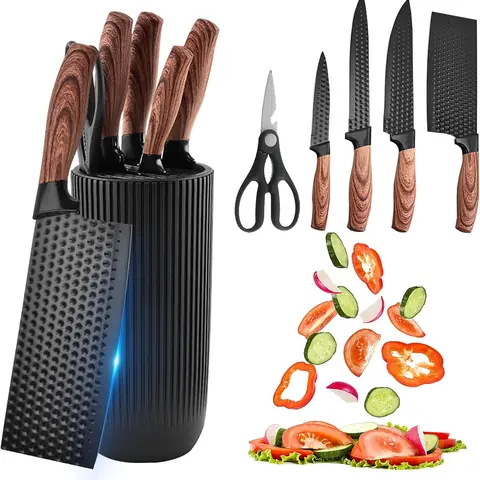 BOBOME 6-Piece Stainless Steel Kitchen Knife Block Set - Thick Blade, Anti-Rust, Scratch-Resistant, Ergonomic Wood Handles, Safe Guarded Storage for Culinary Use
