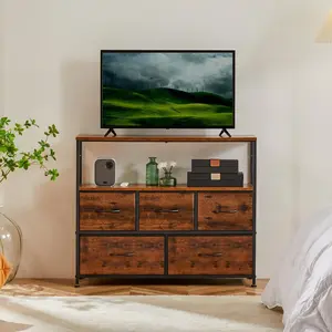 Dresser TV Stand, Entertainment Center with 5 Fabric Drawers, Media Console Table for TV with Open Storage Shelf Dresser,summerwins
