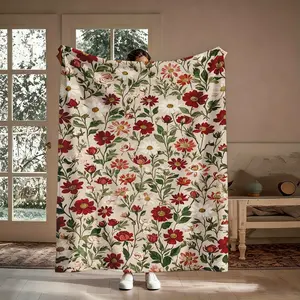 Vintage Red White Floral Pattern Blanket, 1 Count Soft Warm Flannel Throw Blanket, Cozy Nap Blanket for Home Decor
