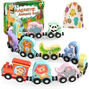 11 Magnetic Wooden Animals Train Set, Montessori Toys for Toddlers, Preschool Learning Activities for Kids, Birthday Gifts for Boys, Girls