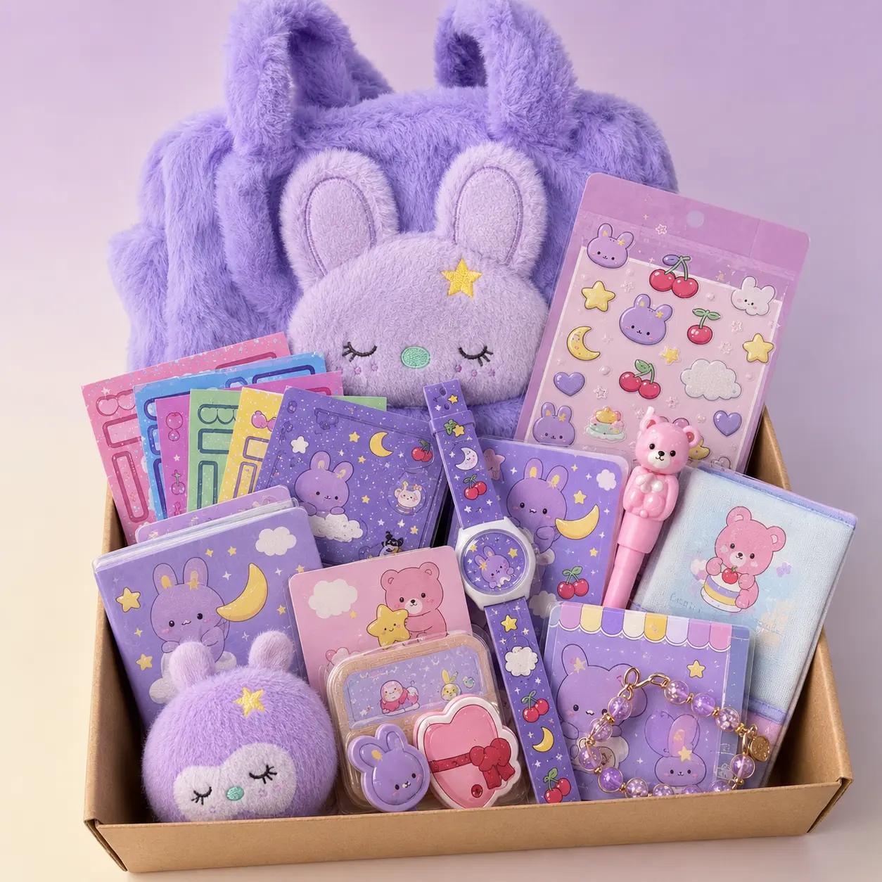 Purple Fuzzy Tote Bag Gift Set with Assorted Stationery, Mini Notebooks, Stickers, Pens, Plush Keychains, Bracelets and Cute Accessories for Women