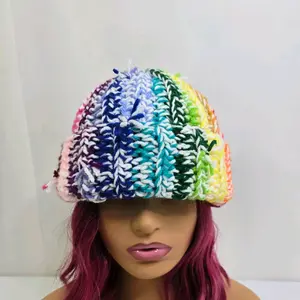 Scrap Yarn Beanie Multicolor Acrylic Hat Handmade Eco-Friendly 11.5 x 11.5 Inches Faux Frayed Ends Unisex Stretch Fabric Winter Skull Cap Unique Fashion Accessory