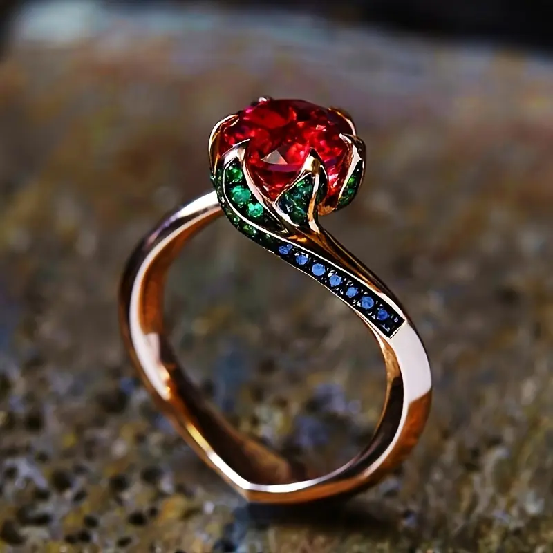 1 Piece Rose-Shaped Synthetic Red Garnet Ring, Inlaid with Green Cubic Synthetic Zirconia, Rose Gold Plated Copper Band - Elegant Wedding Engagement Jewelry for Women, Suitable for Daily Wear and Special Occasions