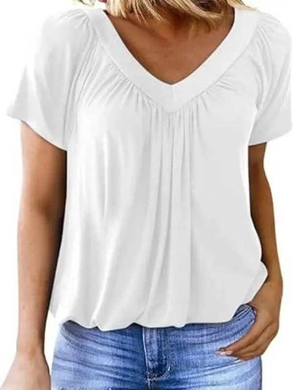 Women's Casual Summer Short Sleeve V Neck Tops T-shirts - Loose Fit & Comfortable Shirring Top