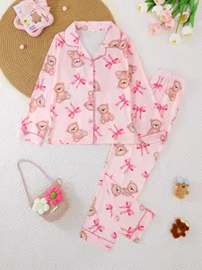 Girls' Sleepwear Set, Collared Pajama Set, Soft Knitted Fabric, Long Sleeve Button-Up Top & Elastic Pants, Cartoon Bear Print, Ages 8-12, Soft Casual Pajamas