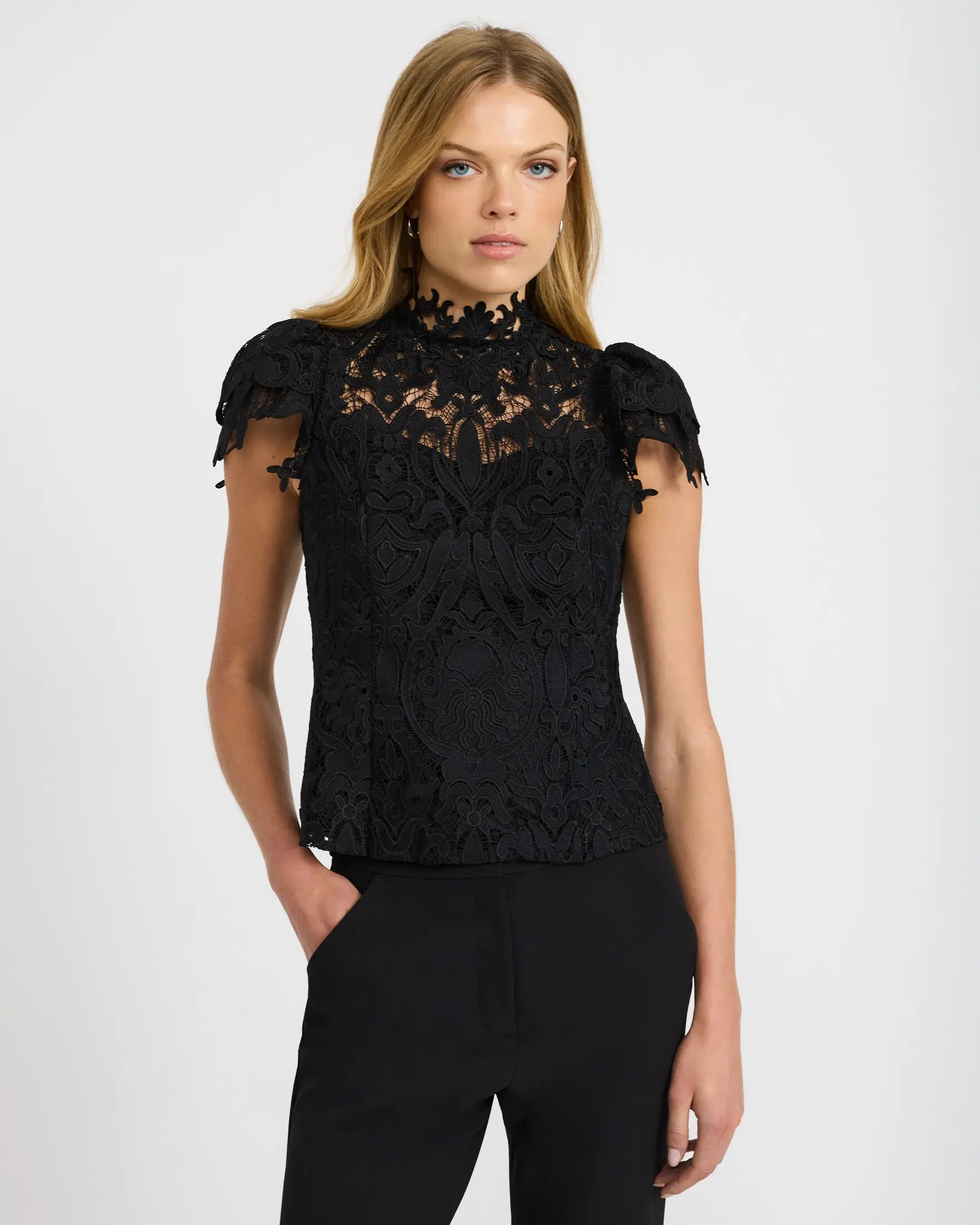 Express Lace Mock Neck Short Sleeve Top