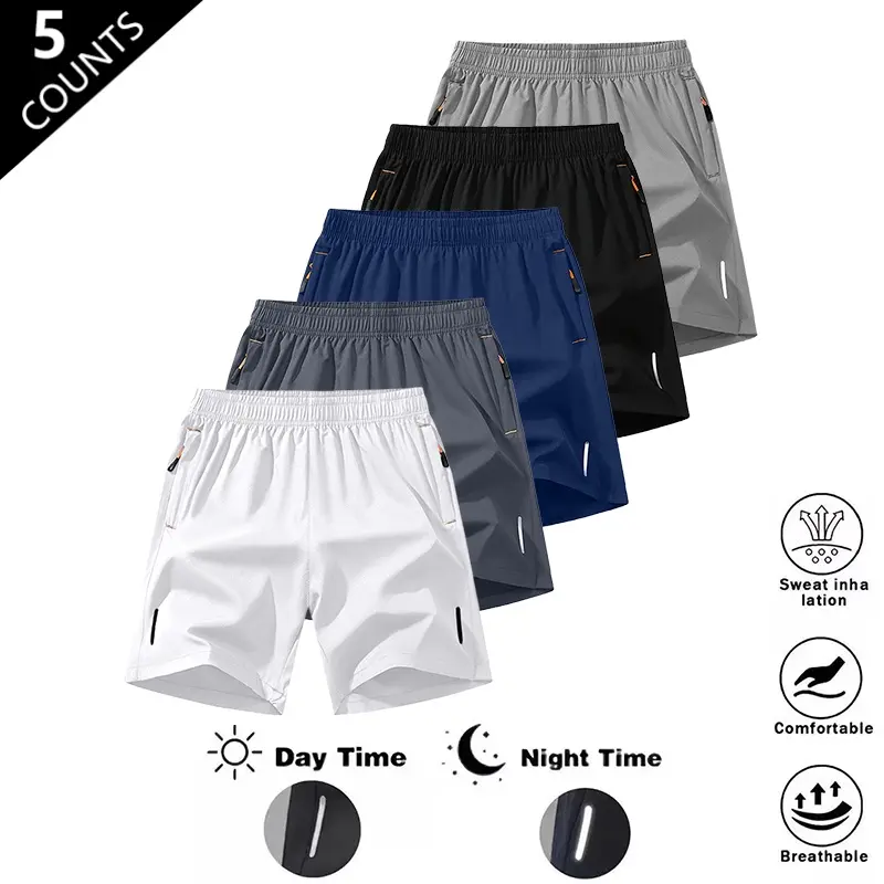 Men's Solid Color Zipper Pocket Shorts - Summer Casual Comfortable Breathable Three-Quarter Pants, Everyday Wear Men's Bottoms, Pack of 5