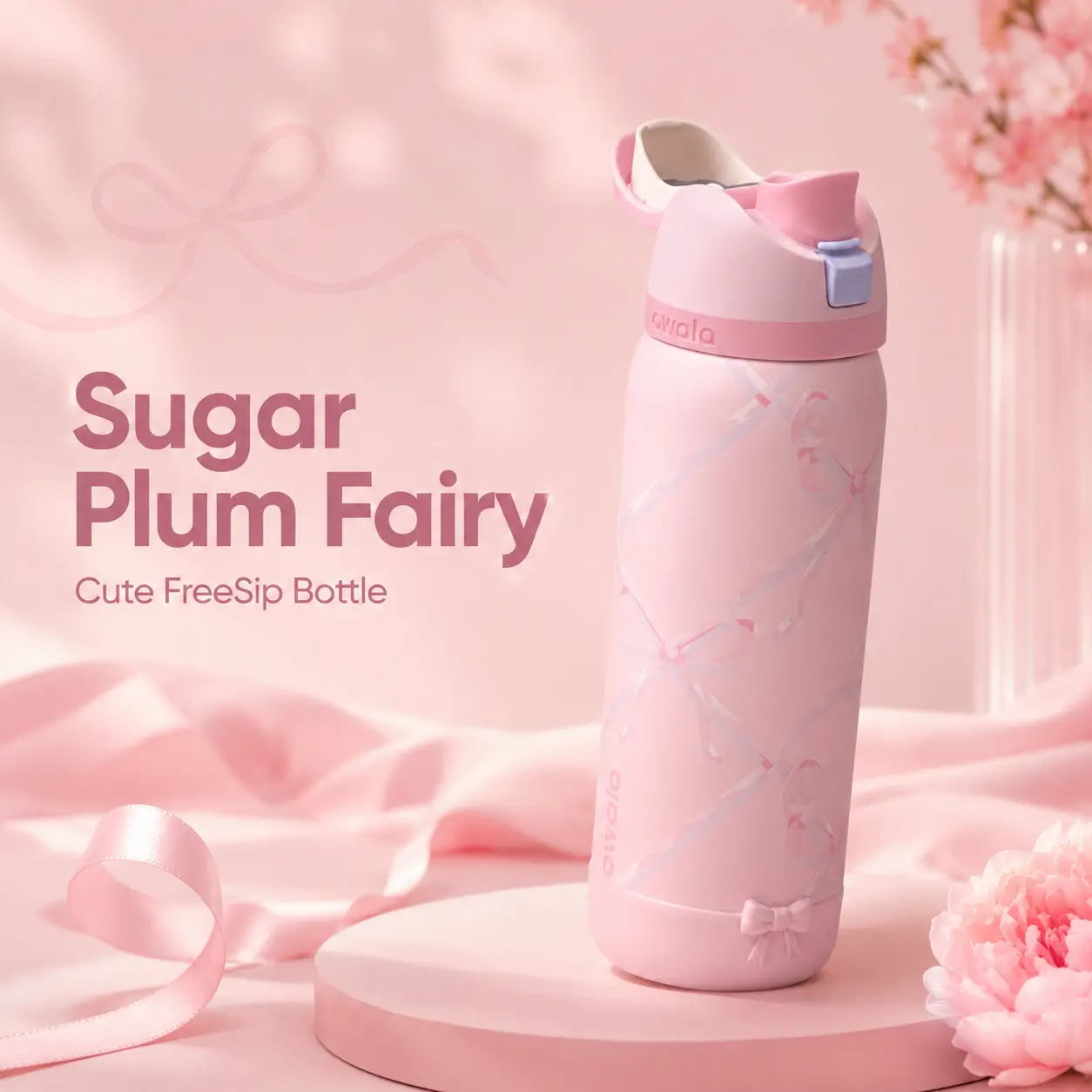 Owala FreeSip Sugar Plum Fairy 32 oz Water Bottle – Pastel Pink Bow Print Insulated Stainless Steel Bottle with Built-In Straw