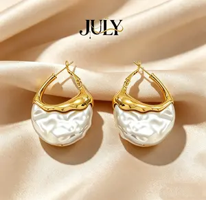JULY Gold Geometric Hoop Earrings with Irregular Imitation Pearl, Waterproof Colorfast Stainless Steel Jewelry, Elegant Daily Commute & Dating Accessories