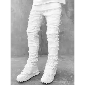 Men Skinny Pants Vintage Patch Frayed Denim Pants Spring Fall Casual Leggings Trousers with Pockets