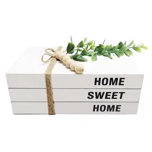 3 Pieces Decorative Wooden White Book for Home Decor,Farmhouse Stacked Faux Books with Wood Bead Garland （Home, Sweet, Home）