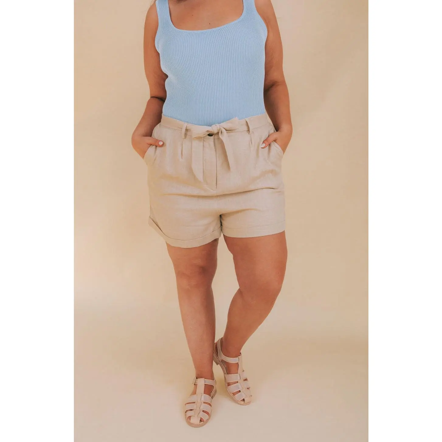 Plus Size Rayon-Linen Shorts for Women, High-Waisted Casual Style with Detachable Belt and Pockets, Cold Wash, Plus Size Shorts, Above Knee