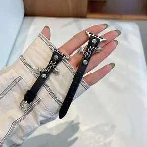 Fashion Dark Leather Silver Color Star Pendant Adjustable Watch Band, Suitable for Apple Watch S11/s10/9/8/7/6/5/4/3, 49mm/46mm/44mm/42mm/40mm/38mm