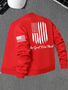 Men's American Flag Print Zip Up Jacket, Regular Fit Casual Stand Collar Long Sleeve Outerwear for Spring & Fall, Fashion Men's Clothes for Daily Wear, Coats