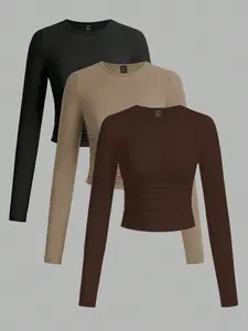 Long Sleeve Crop Top 3 Pack Ruched Side Slim Fit Crew Neck Tops For Women Cute Basics Layering Set Stylish Versatile And Flattering Silhouette