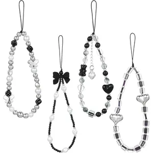 4Pcs Beaded Phone Charm, Y2K Heart & Bow Cell Phone Wrist Strap Charm for Cellphone Case, Beaded Aesthetic Accessories Keychain Y2K String for Bag Camera Decoration, Black & Silver