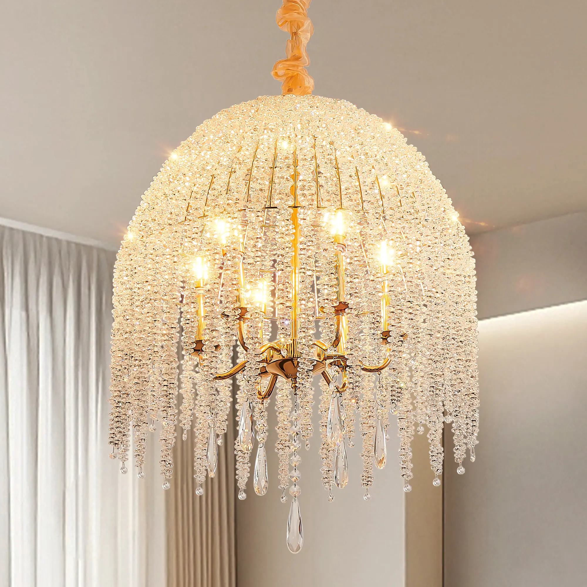 Champagne Gold Frame Waterfall Crystal Chandelier Pendant - E12 Base, Height Adjustable Lamps, Ceiling Light, Interior Lights, Classic High-End Decor for Living Room, Dining Room