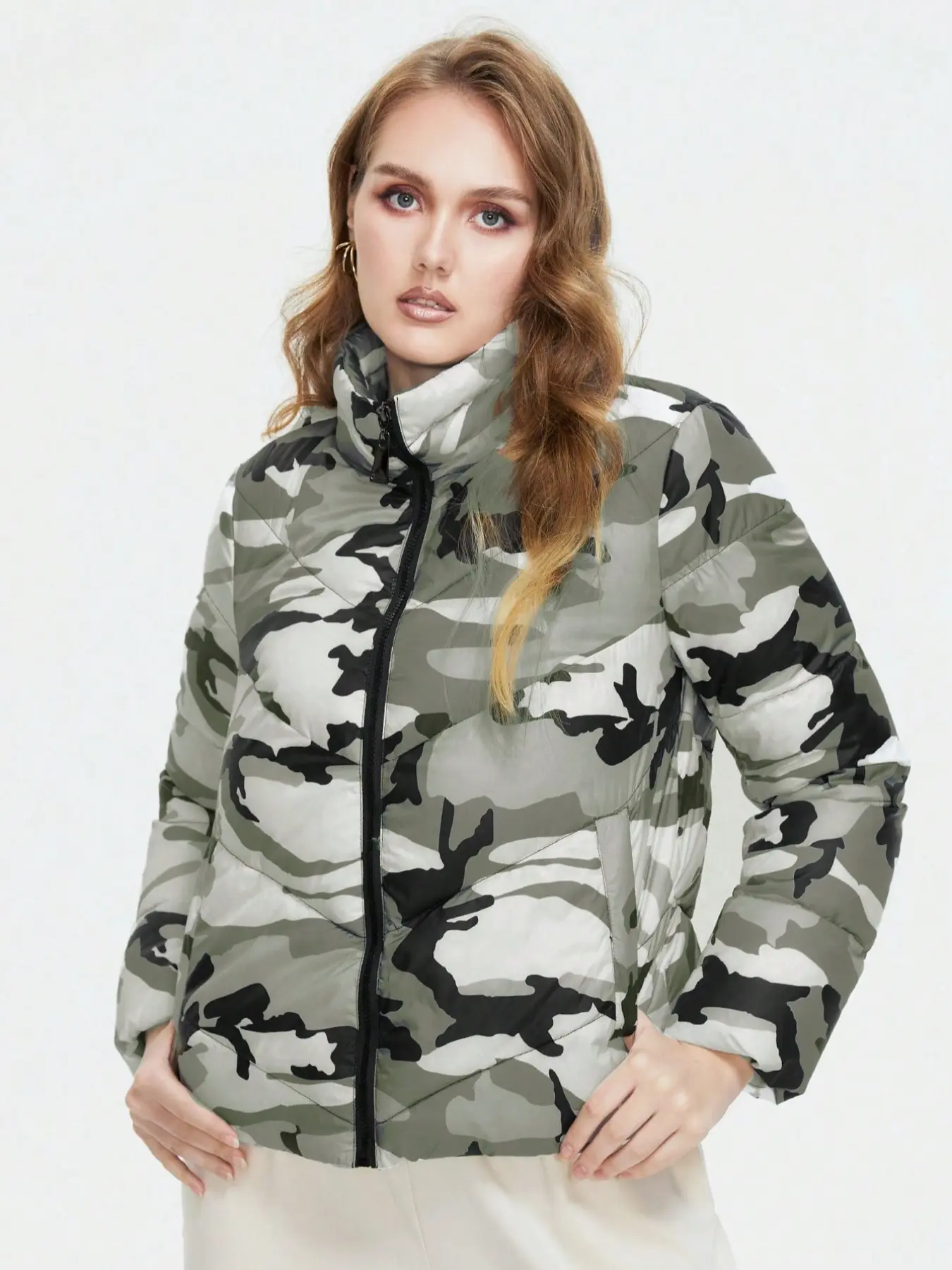 Plus Size Women's Camo Print Casual Long Sleeve Cotton Jacket, Simple Daily Wear Outerwear, Comfortable and Stylish Coat for Fall & Winter