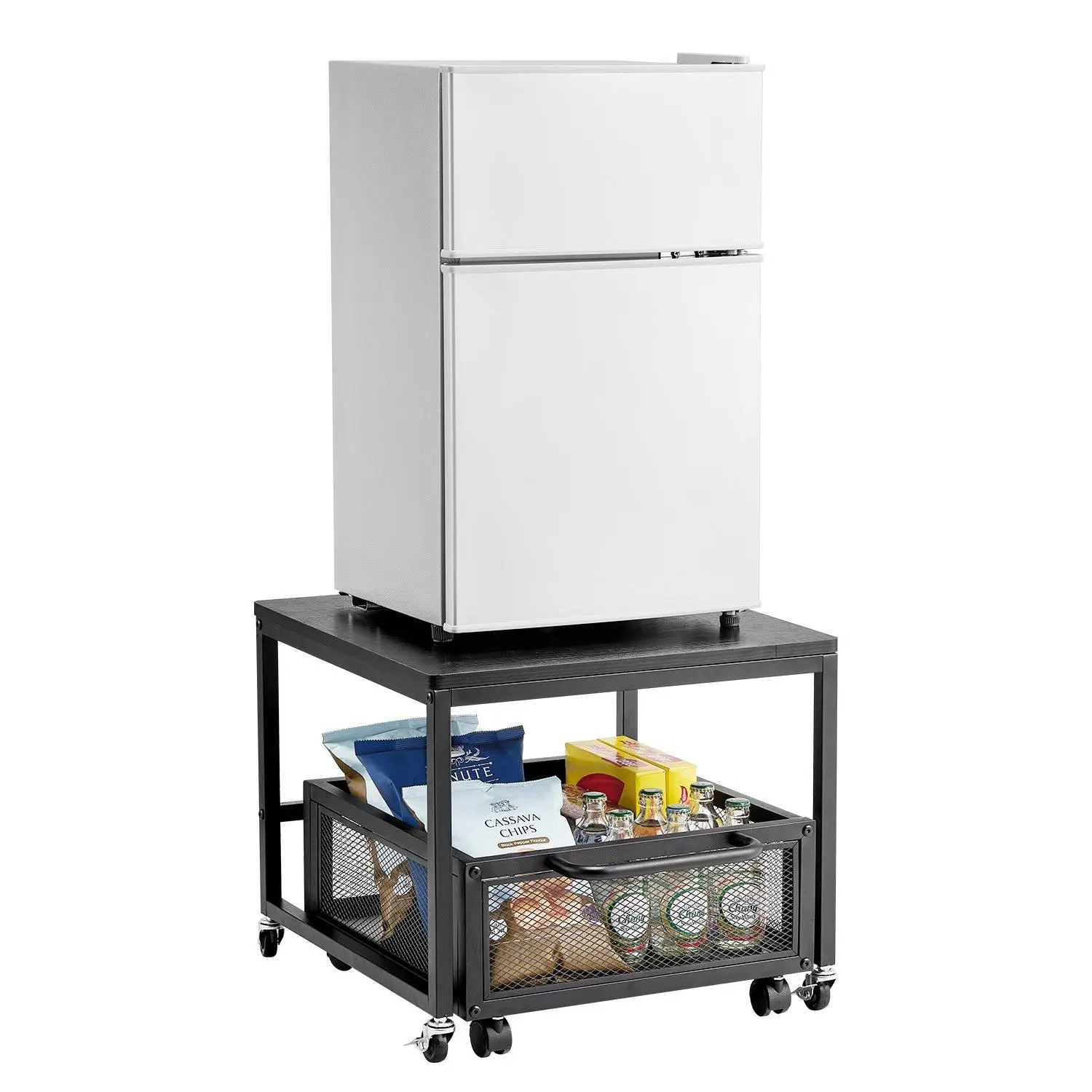 VEVOR Mini Fridge Stand with Storage, 198 lbs Mini Fridge Table with Movable Storage Cart Swivel Wheels, Beverage Refrigerator Stand for Coffee Bar, Mini Fridge Organizer for Office Home Dorm, Black