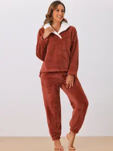 INSPIRE CHIC Women's Fluffy Fleece Pullover Top with Pants Winter Plush Warm Lounge Fuzzy Pajamas Set